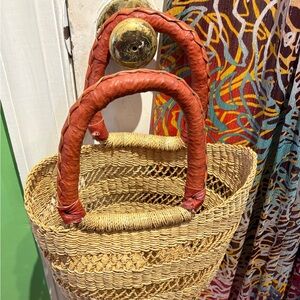 Woven Straw Tote with Rust Leather-Wrapped Handles